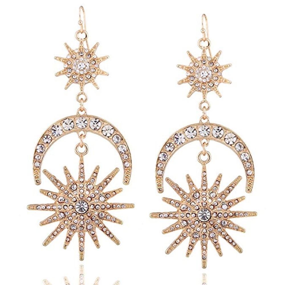 Luxury Celestial Sun Moon Stars Drop Earrings Rhinestone